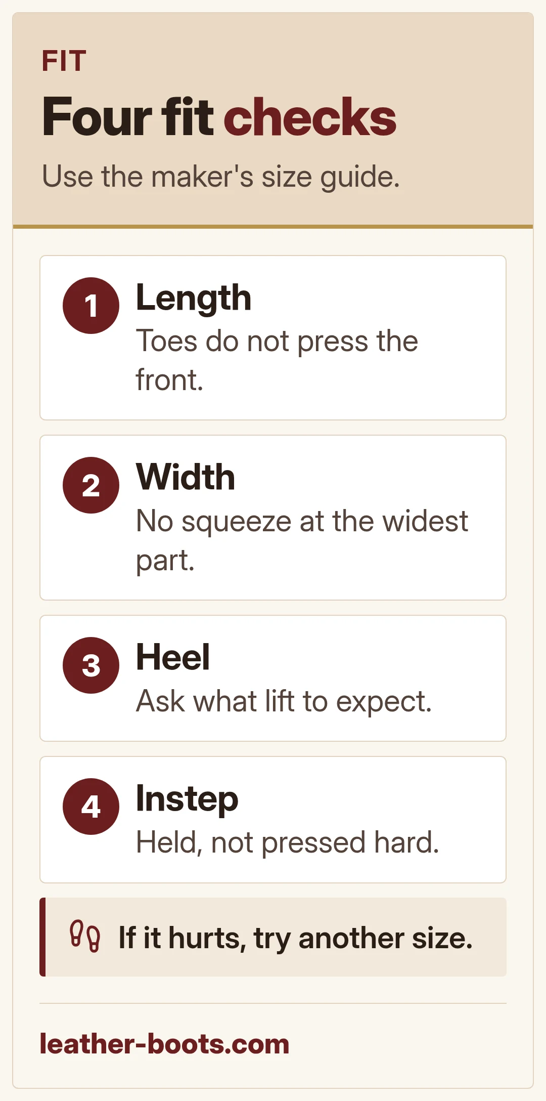 Four fit checks. Use the maker's size guide.