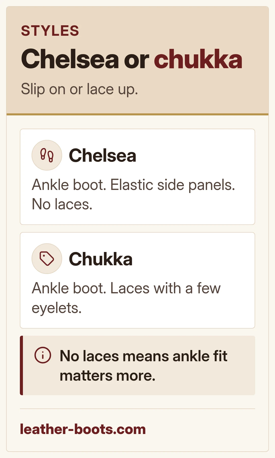 Chelsea or chukka. Slip on or lace up.