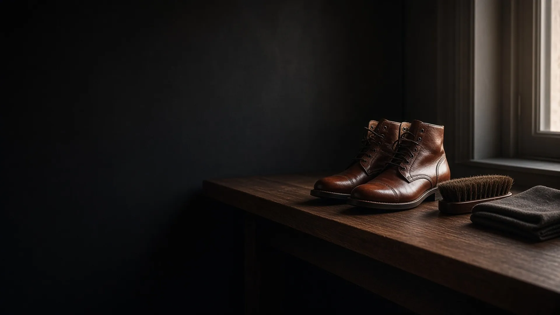 Leather boots on a walnut bench by a window in morning light