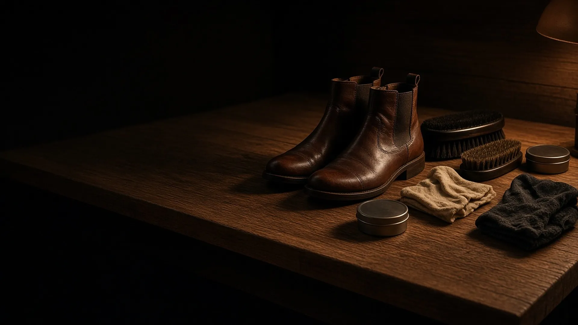 Boot care brushes, cloths, and tins with leather boots
