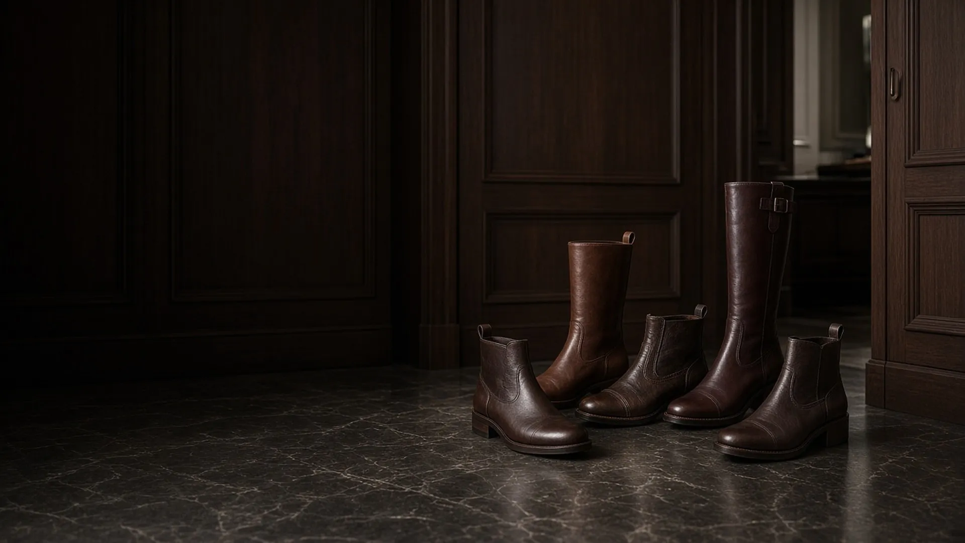 Boots of different heights in a dressing room