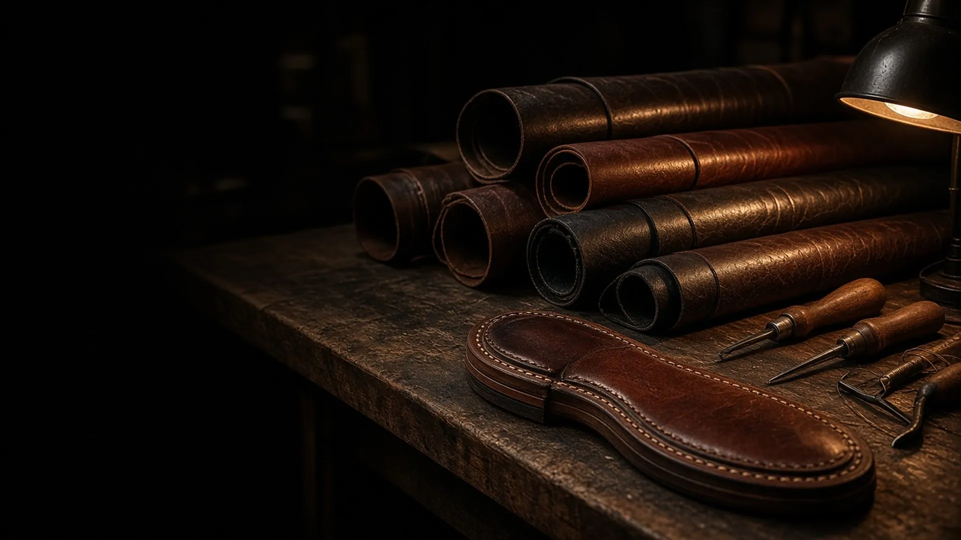 Leather hides and a boot sole on a cobbler's bench