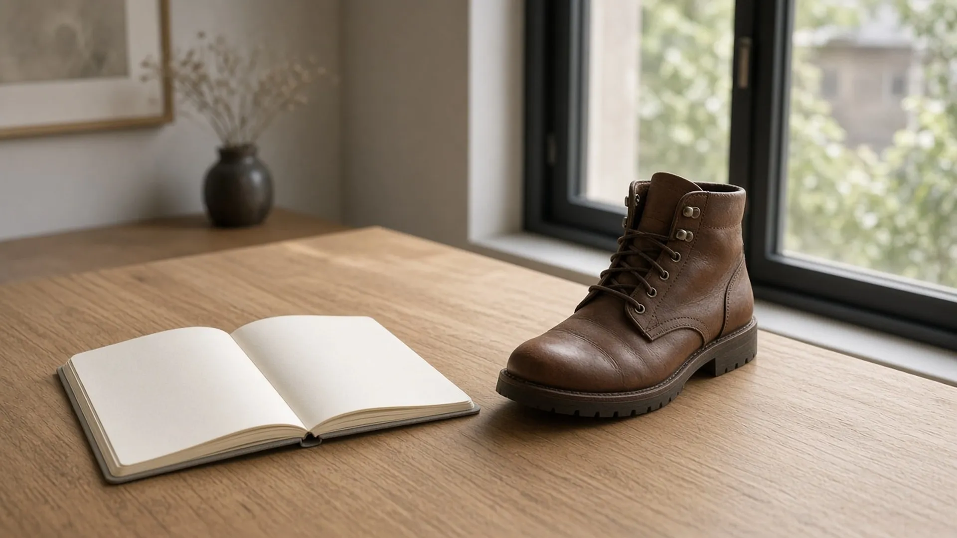 Notebook and a leather boot on an oak desk