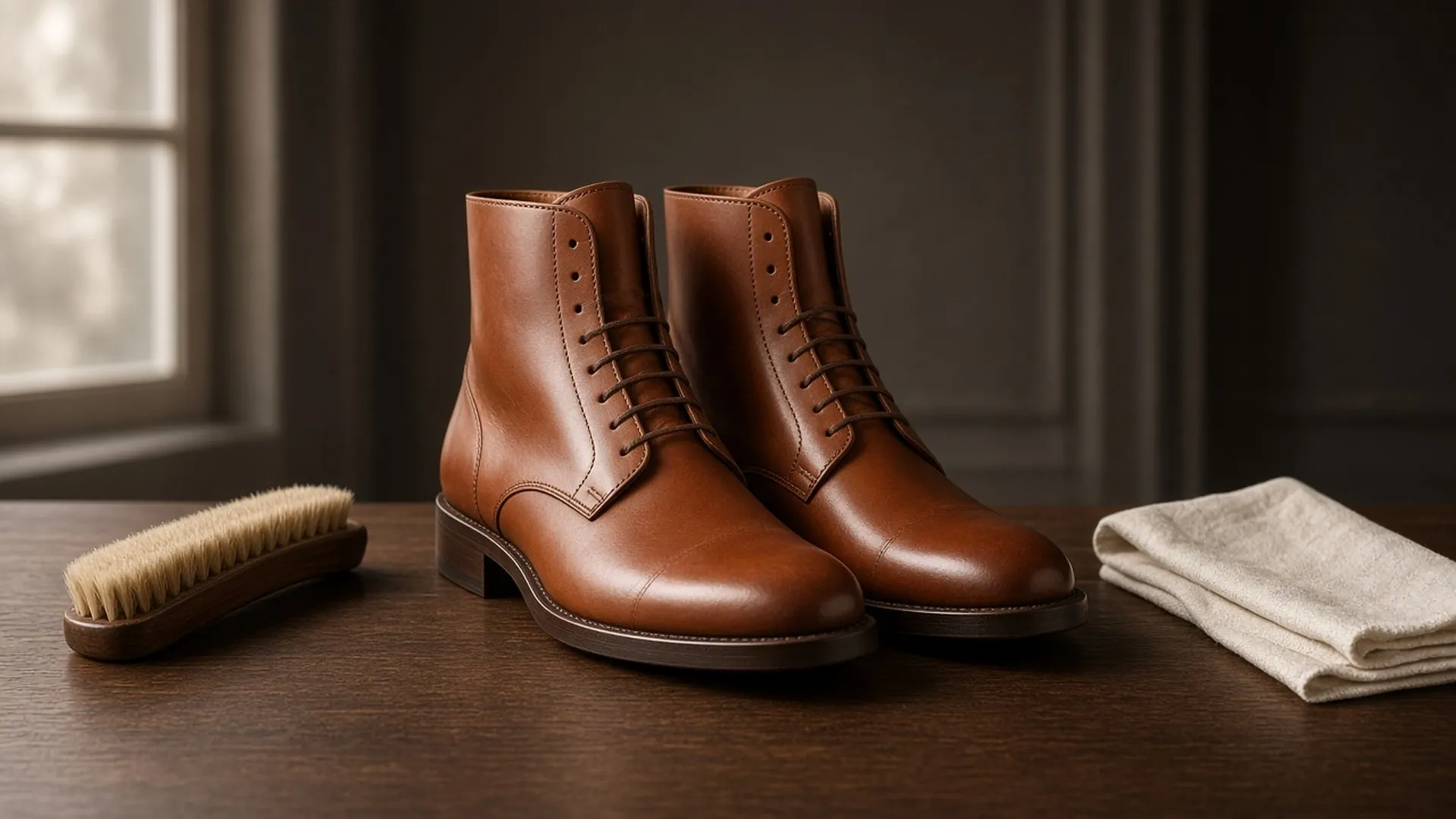 Leather boots beside a brush and cloth on a walnut bench