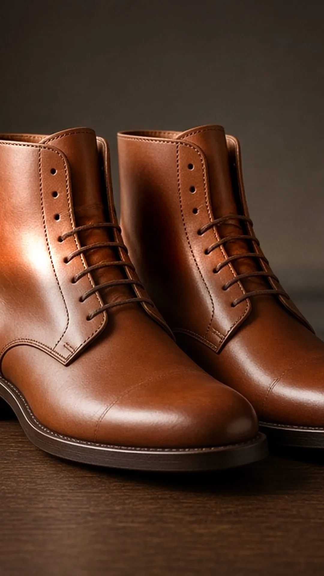 Leather boots beside a brush and cloth on a walnut bench