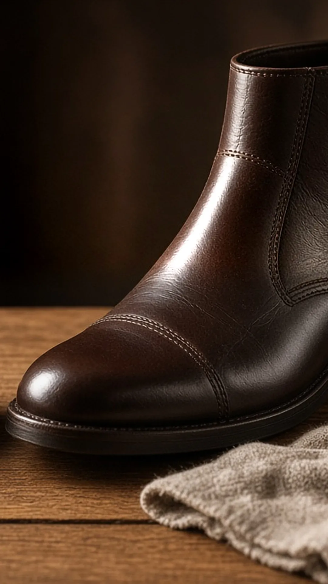 Brown leather boot with an open tin of cream and a cloth