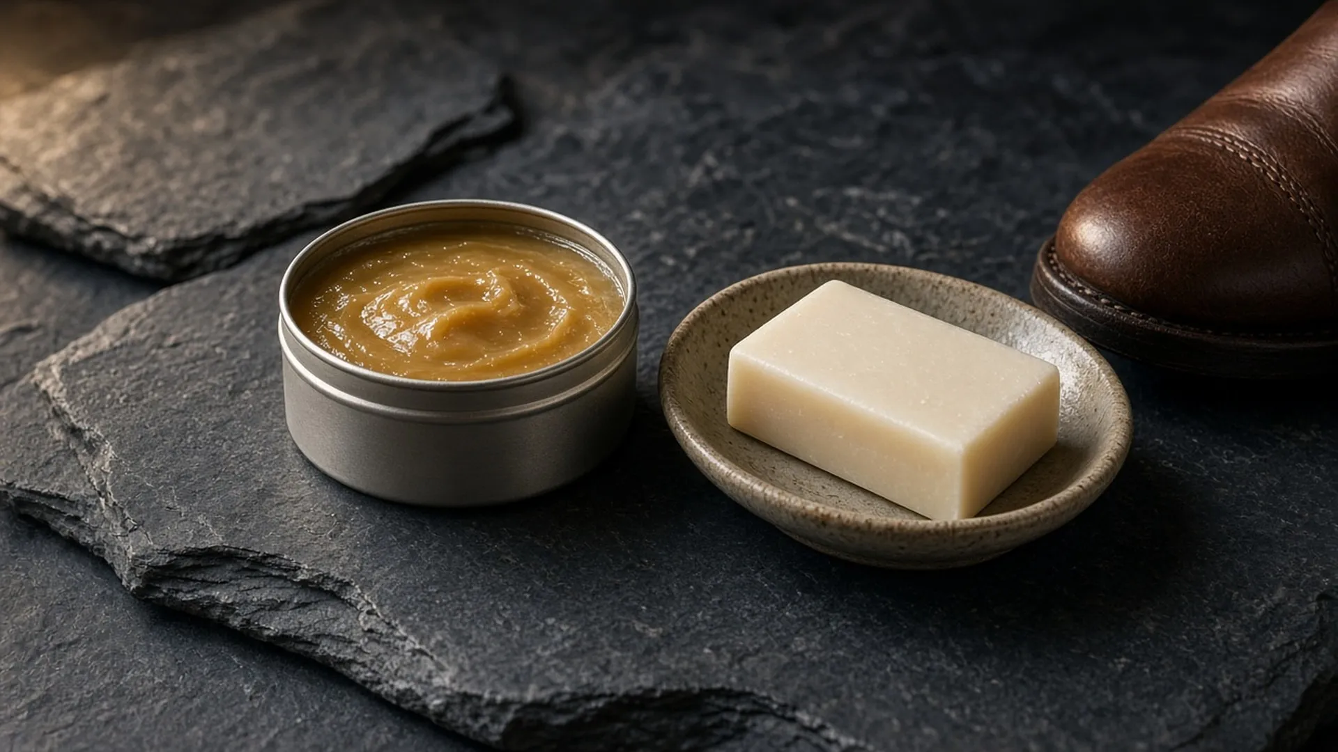 Tin of oil paste and a bar of soap beside a boot toe