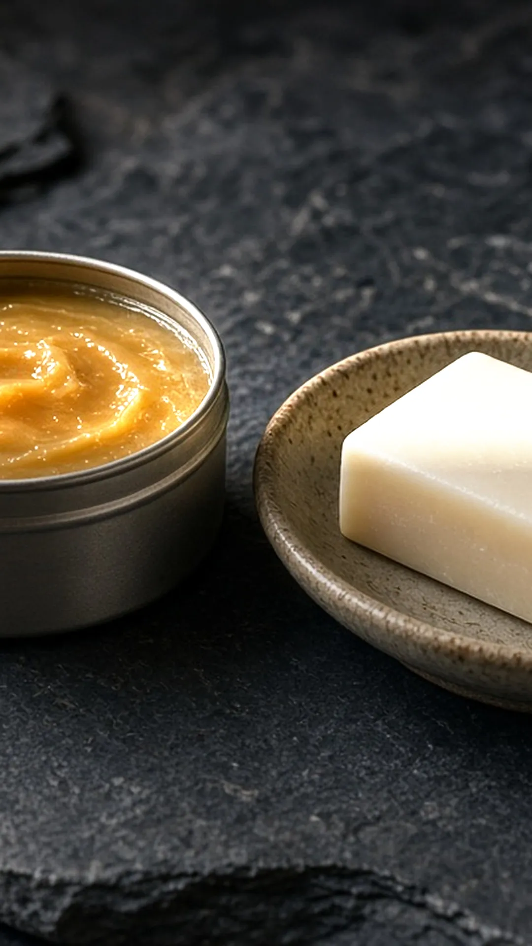 Tin of oil paste and a bar of soap beside a boot toe