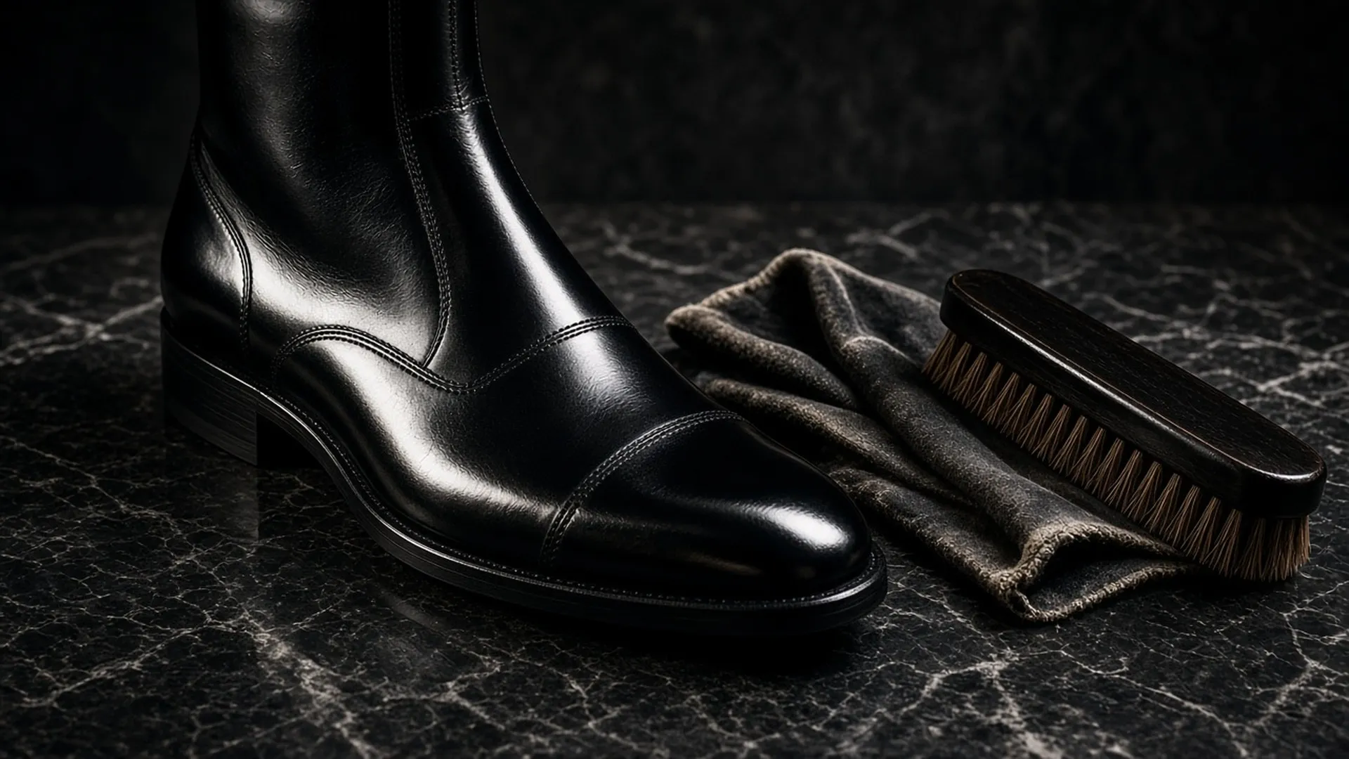Polished black boot with a cloth and brush on marble