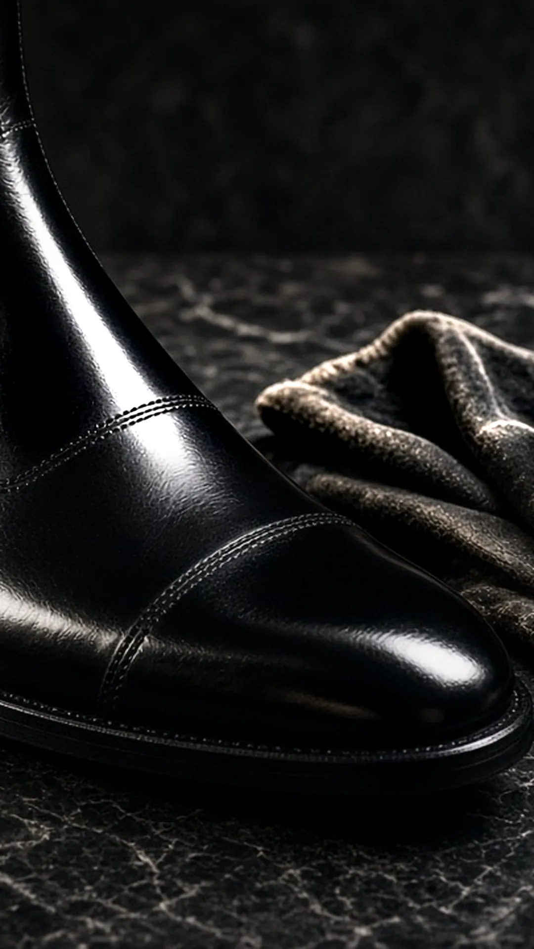 Polished black boot with a cloth and brush on marble