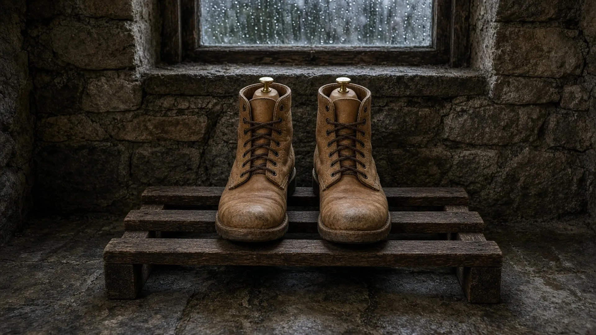 Tan boots drying on a wooden rack with rain outside