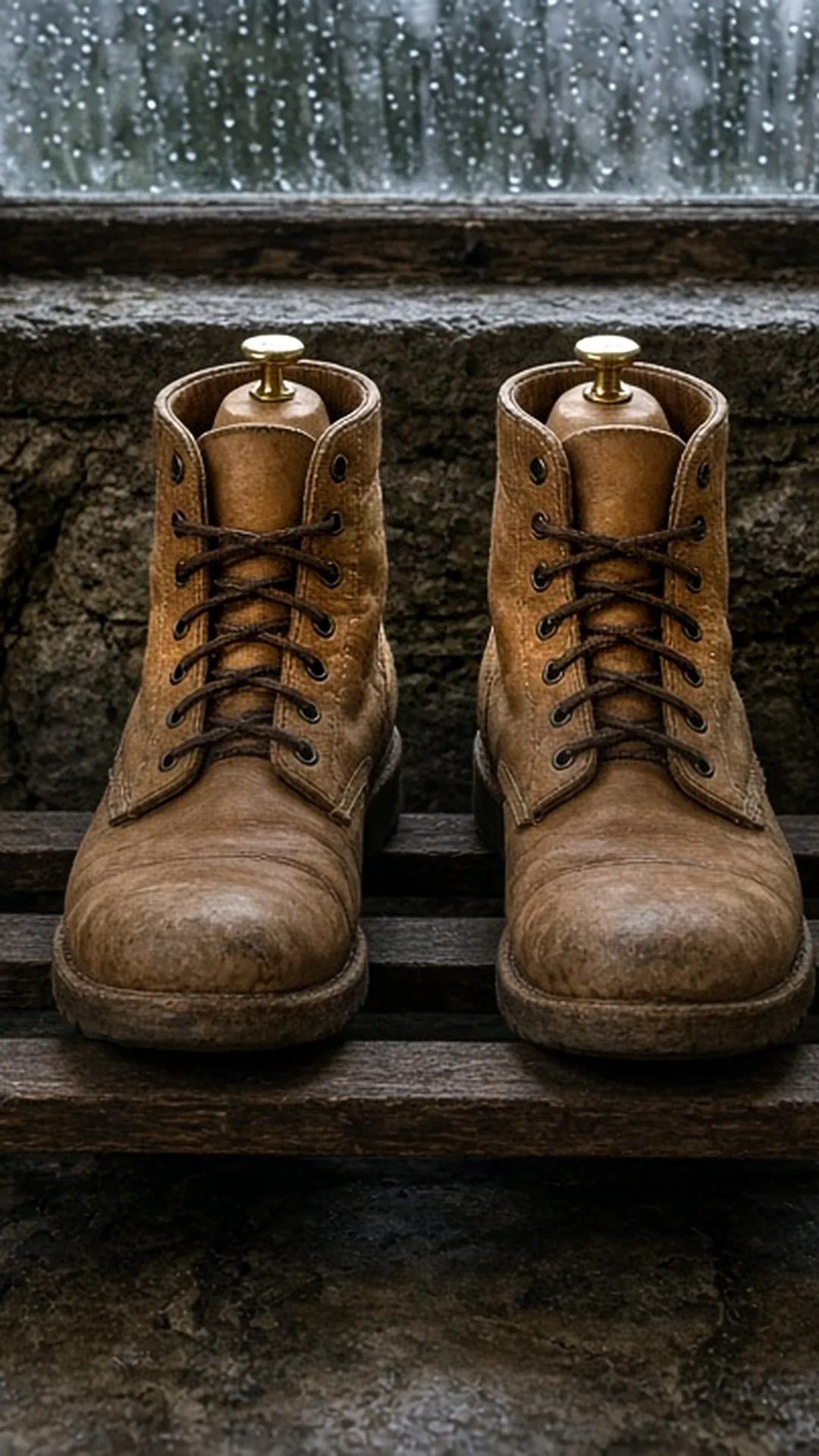 Tan boots drying on a wooden rack with rain outside