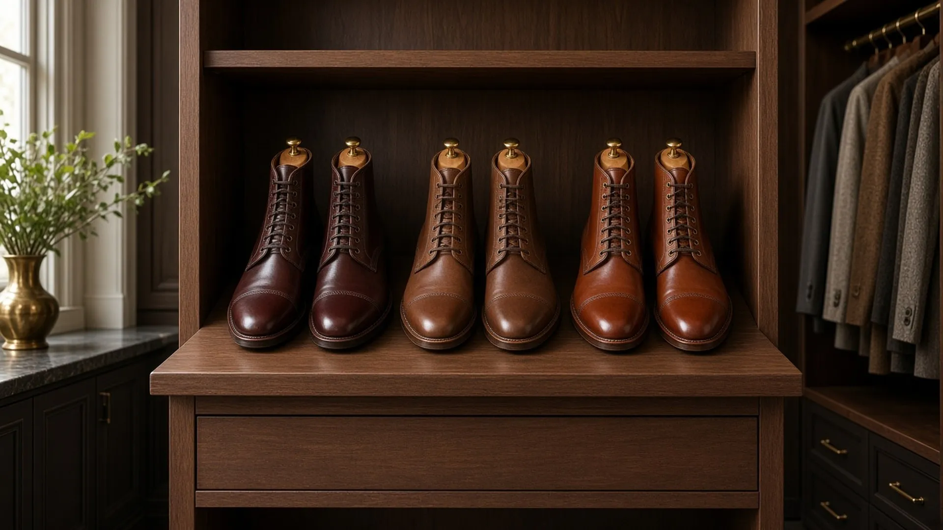 Leather boots with boot trees on a walnut shelf