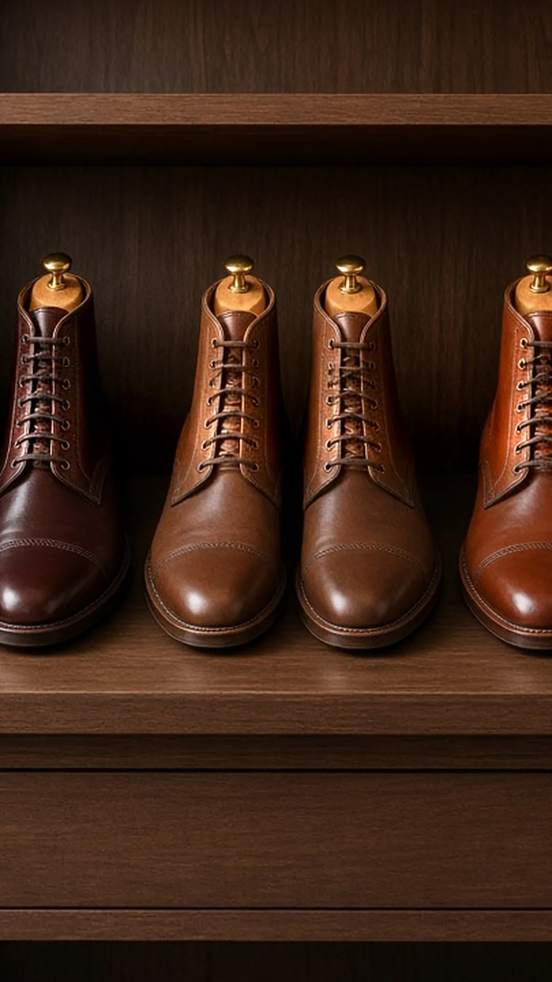 Leather boots with boot trees on a walnut shelf