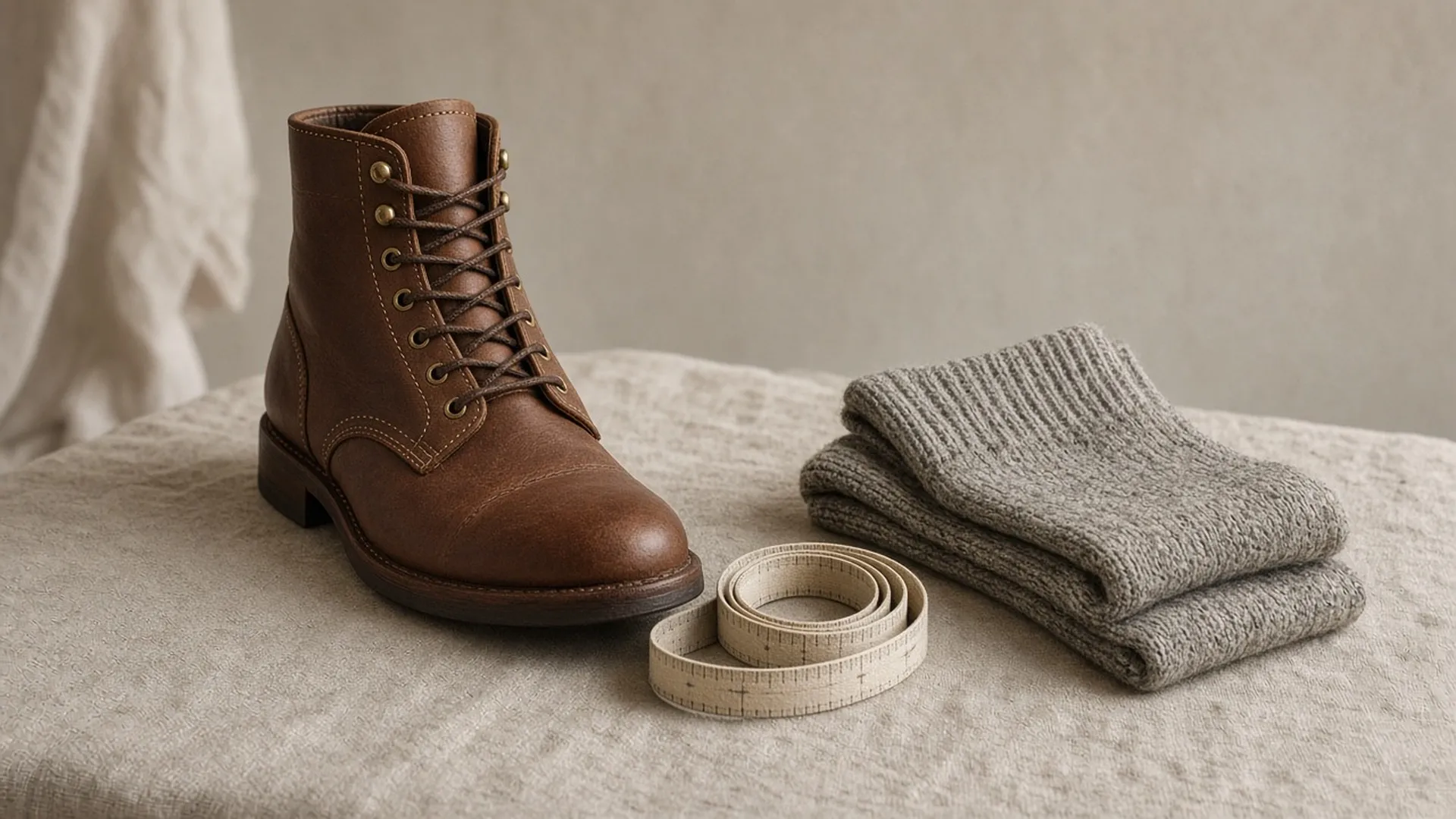 Leather boot with a tape measure and wool socks on linen