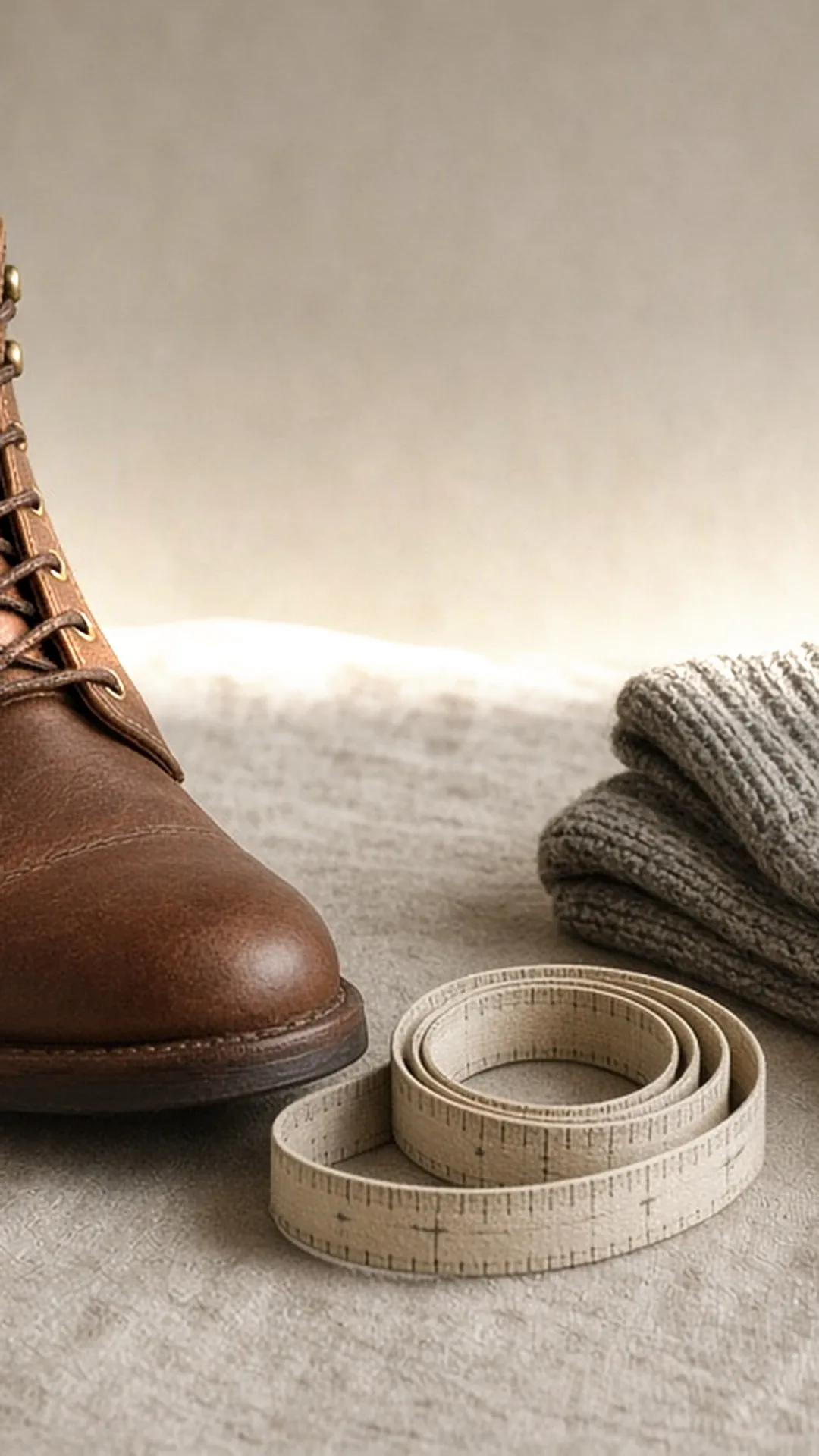 Leather boot with a tape measure and wool socks on linen