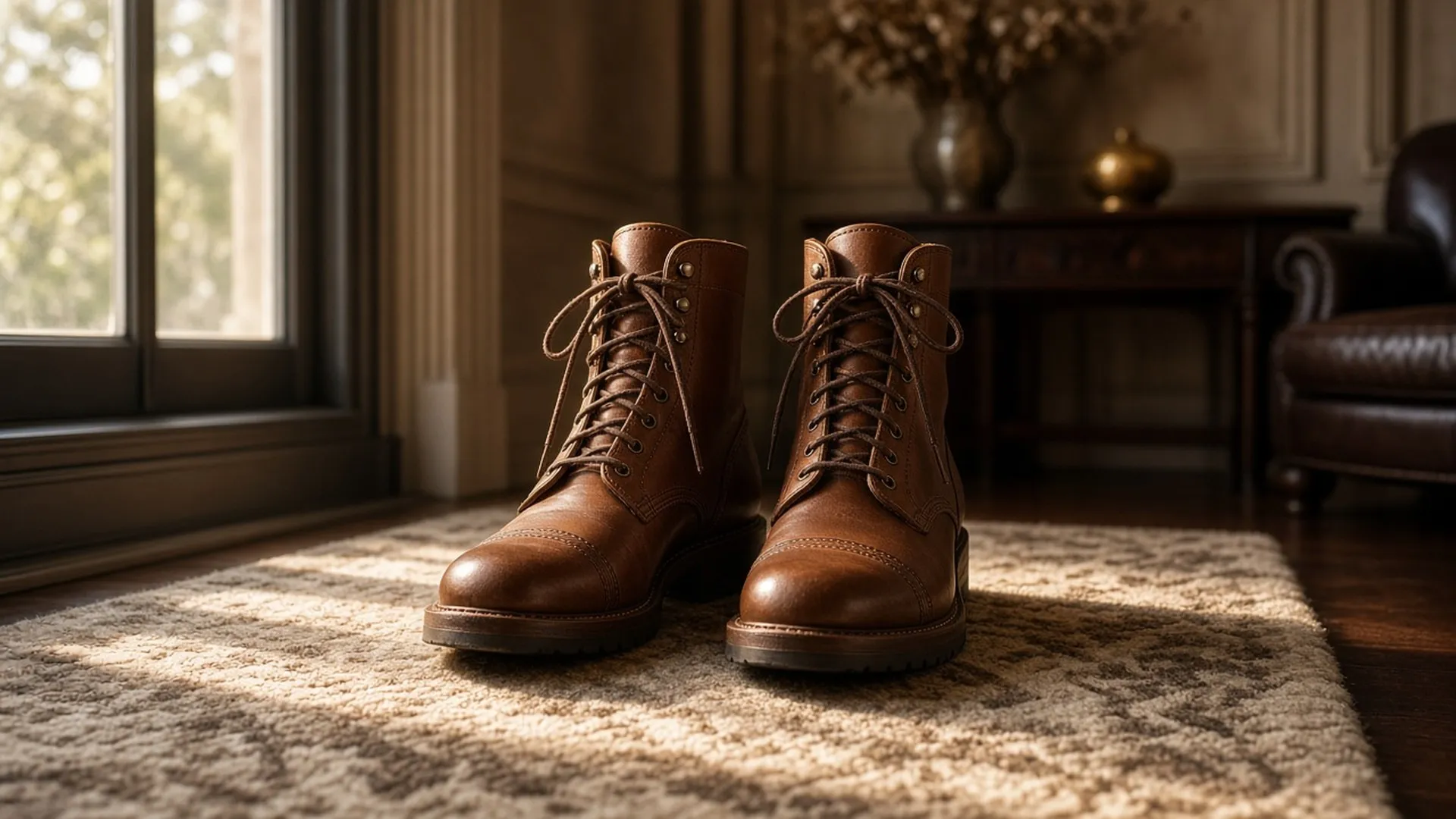 New leather boots standing on a wool rug by a window