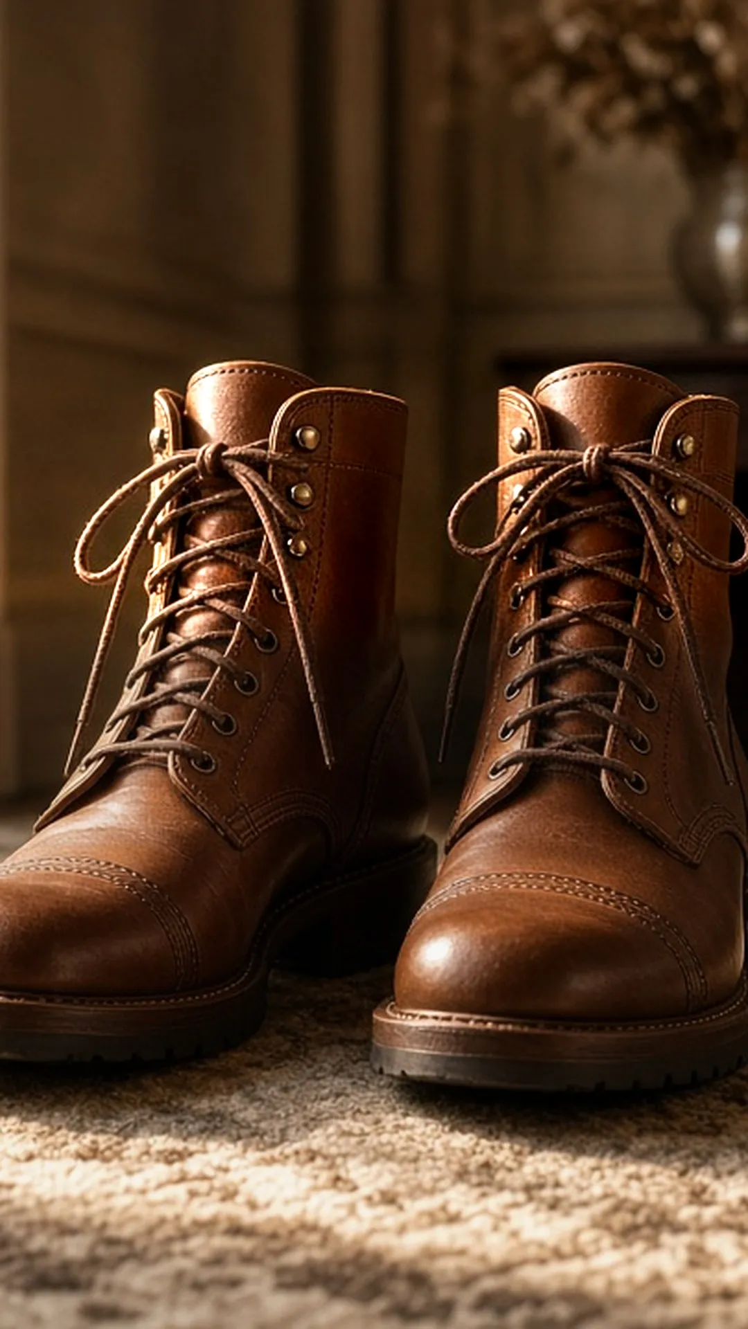 New leather boots standing on a wool rug by a window