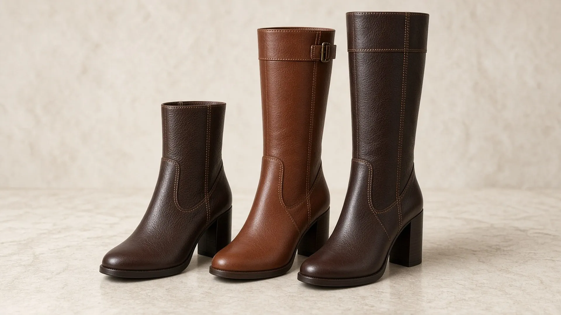 Ankle, mid-calf, and knee high boots in a row