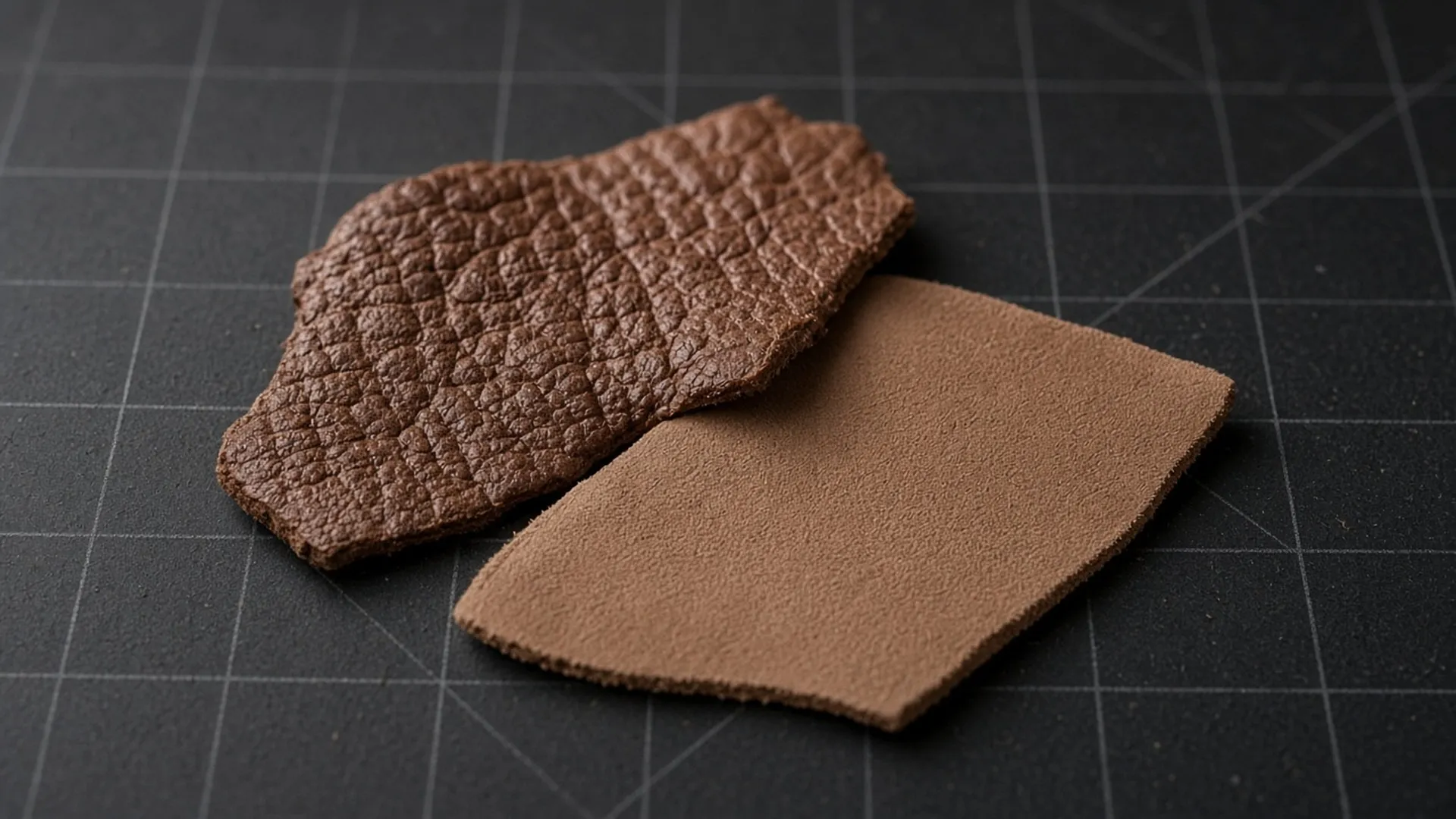 Two leather offcuts showing different surfaces
