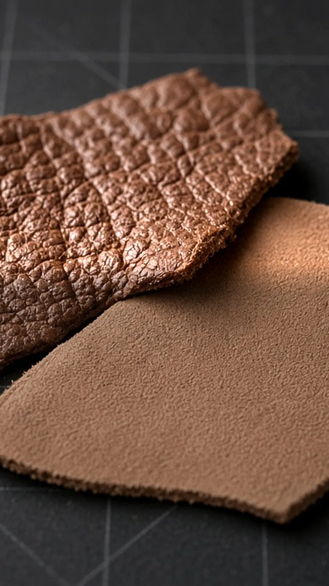 Two leather offcuts showing different surfaces