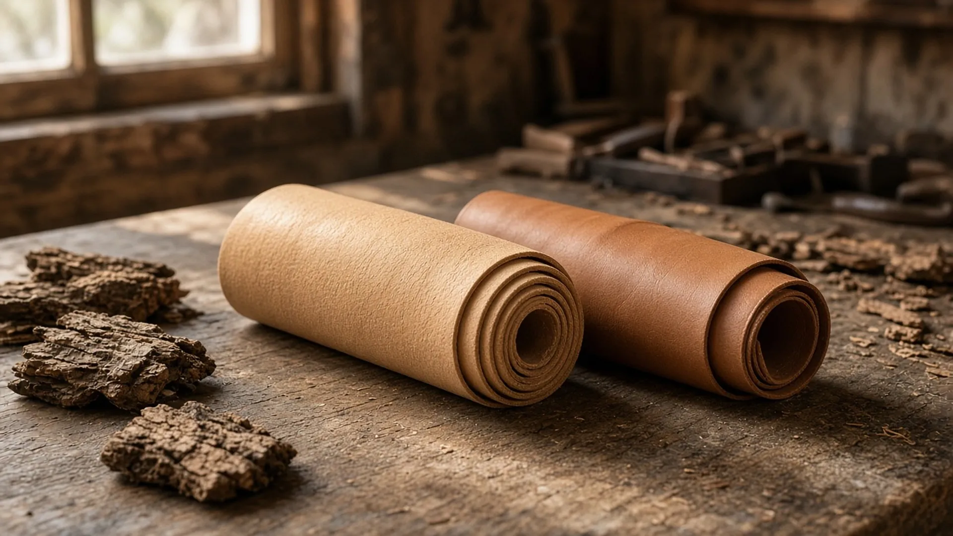 Two rolled leather hides on a workshop table