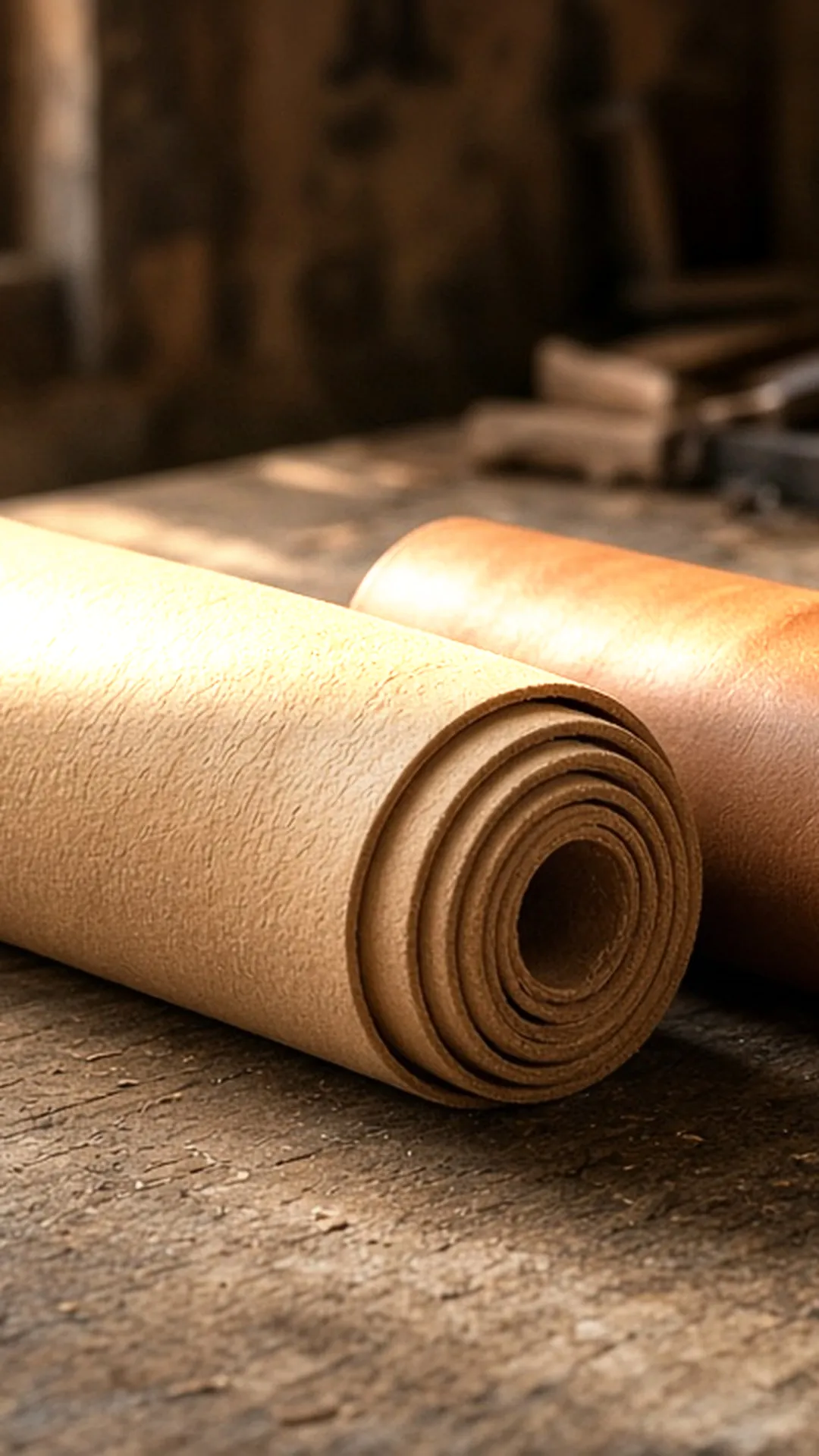 Two rolled leather hides on a workshop table