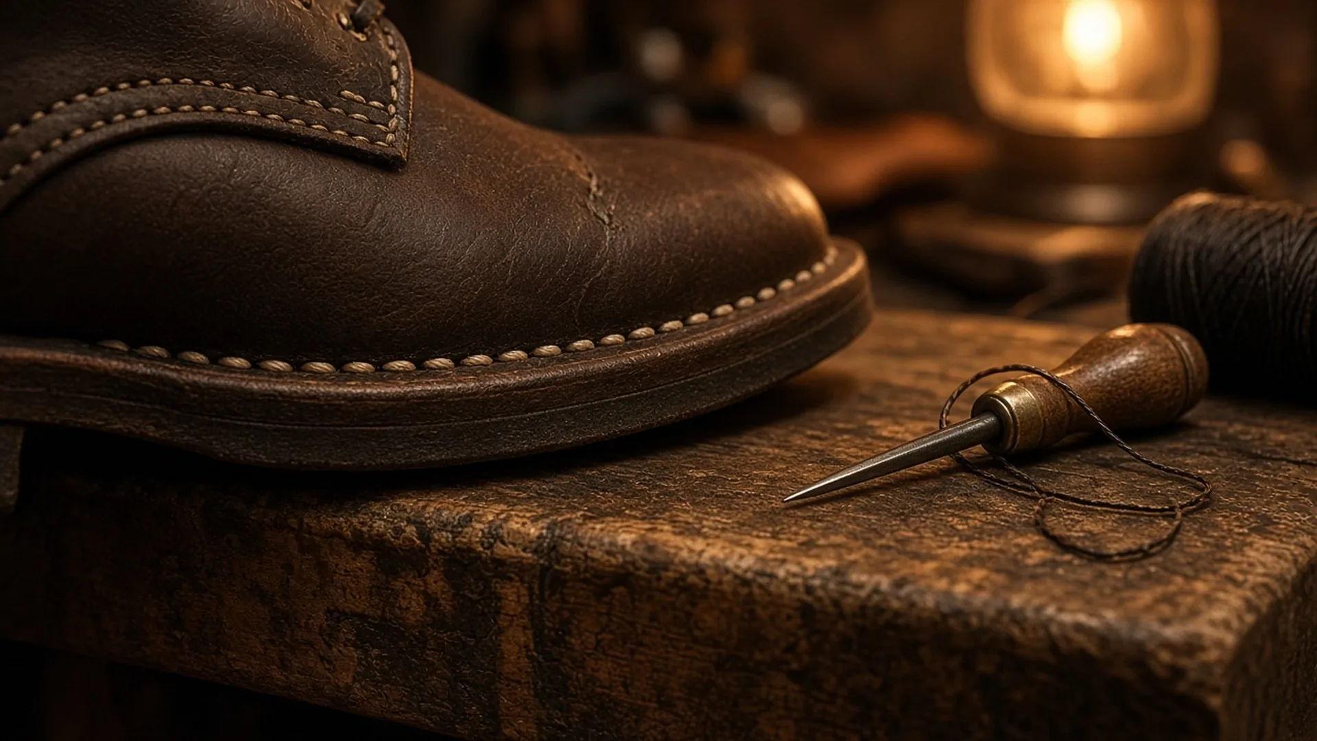 Close view of welt stitching along a boot sole