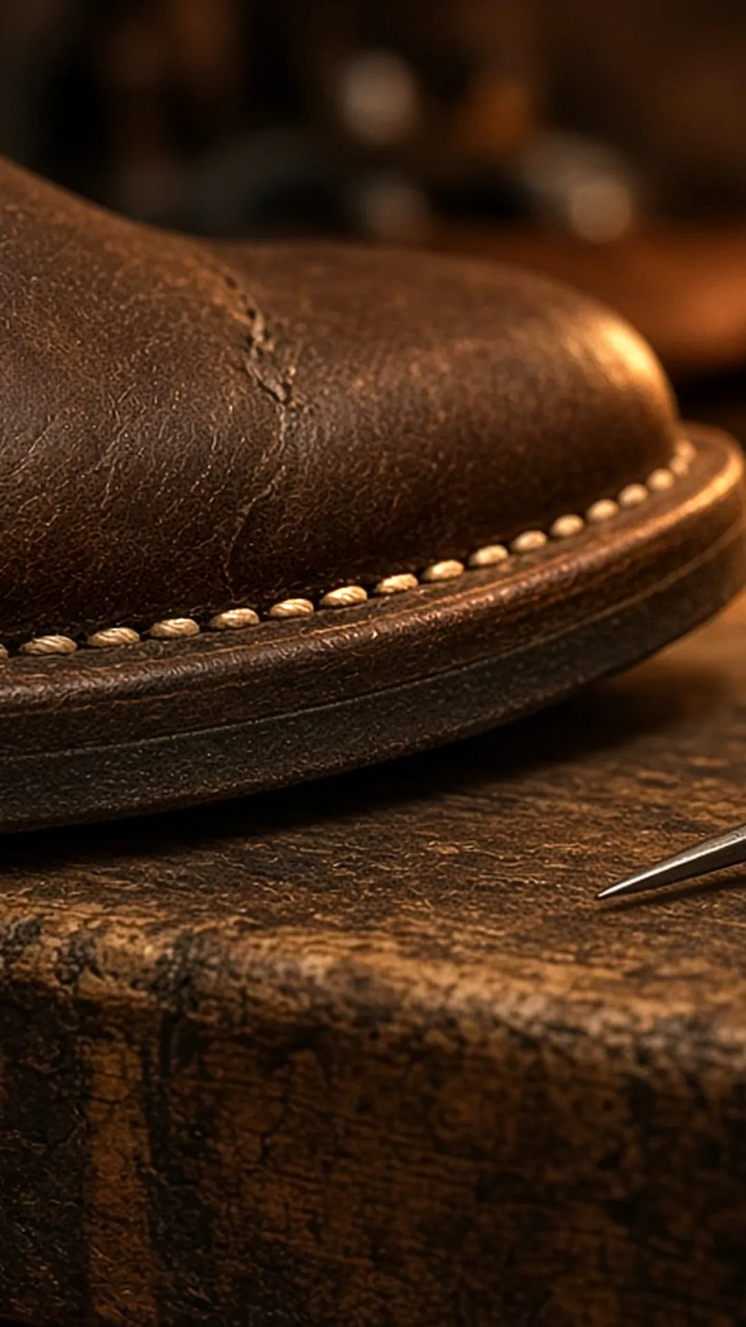 Close view of welt stitching along a boot sole