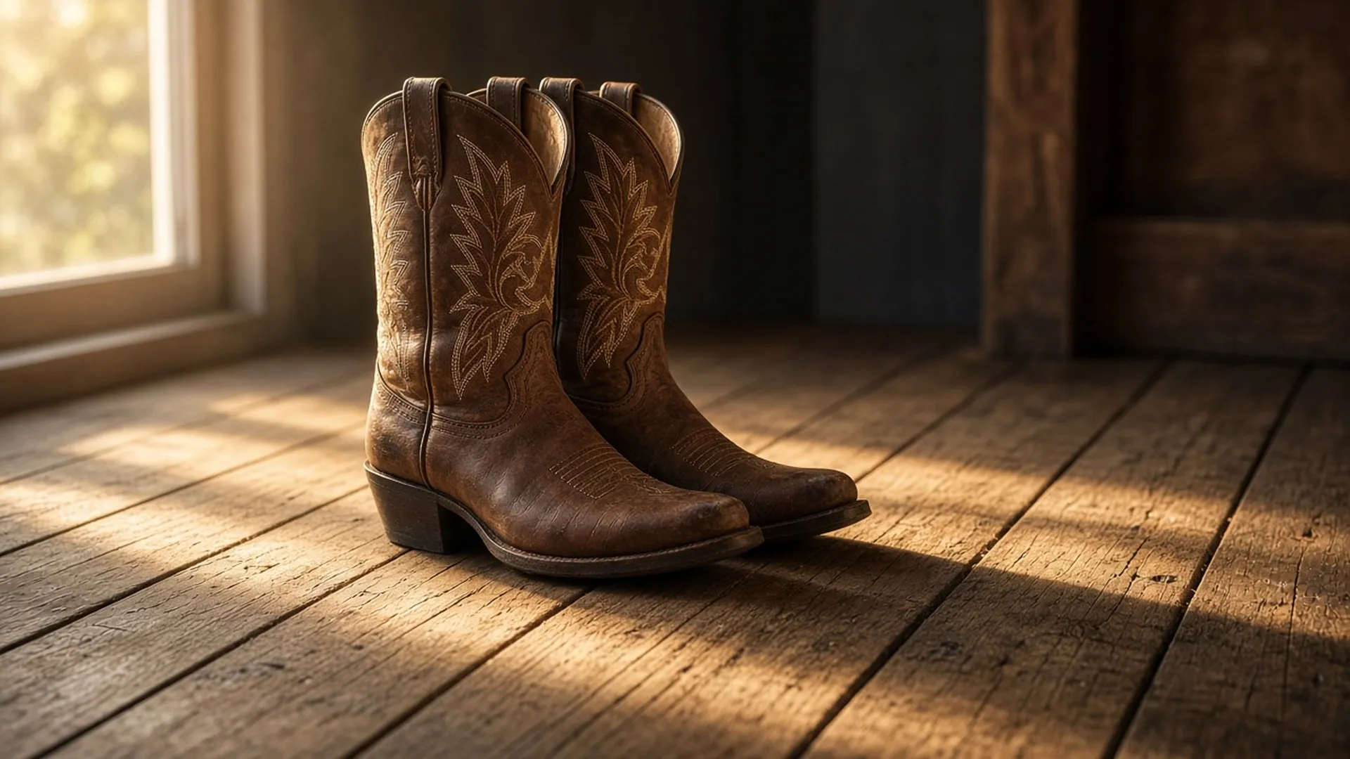 Western boots with stitched shafts on a plank floor