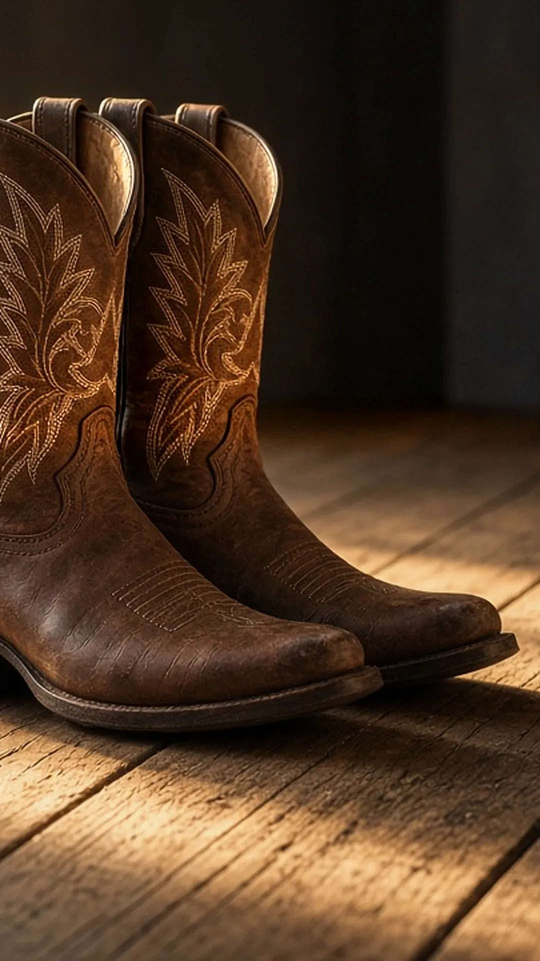 Western boots with stitched shafts on a plank floor