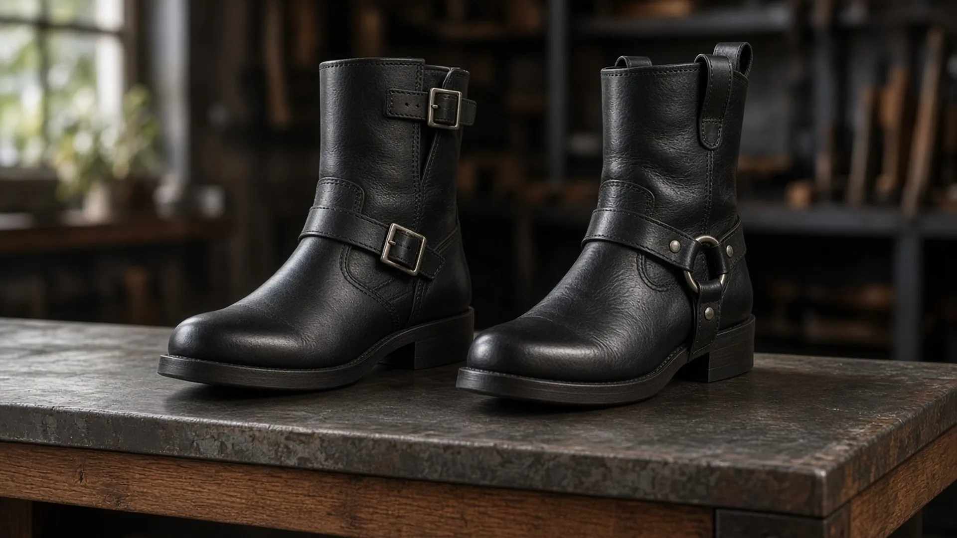 Engineer boot and harness boot on a workbench