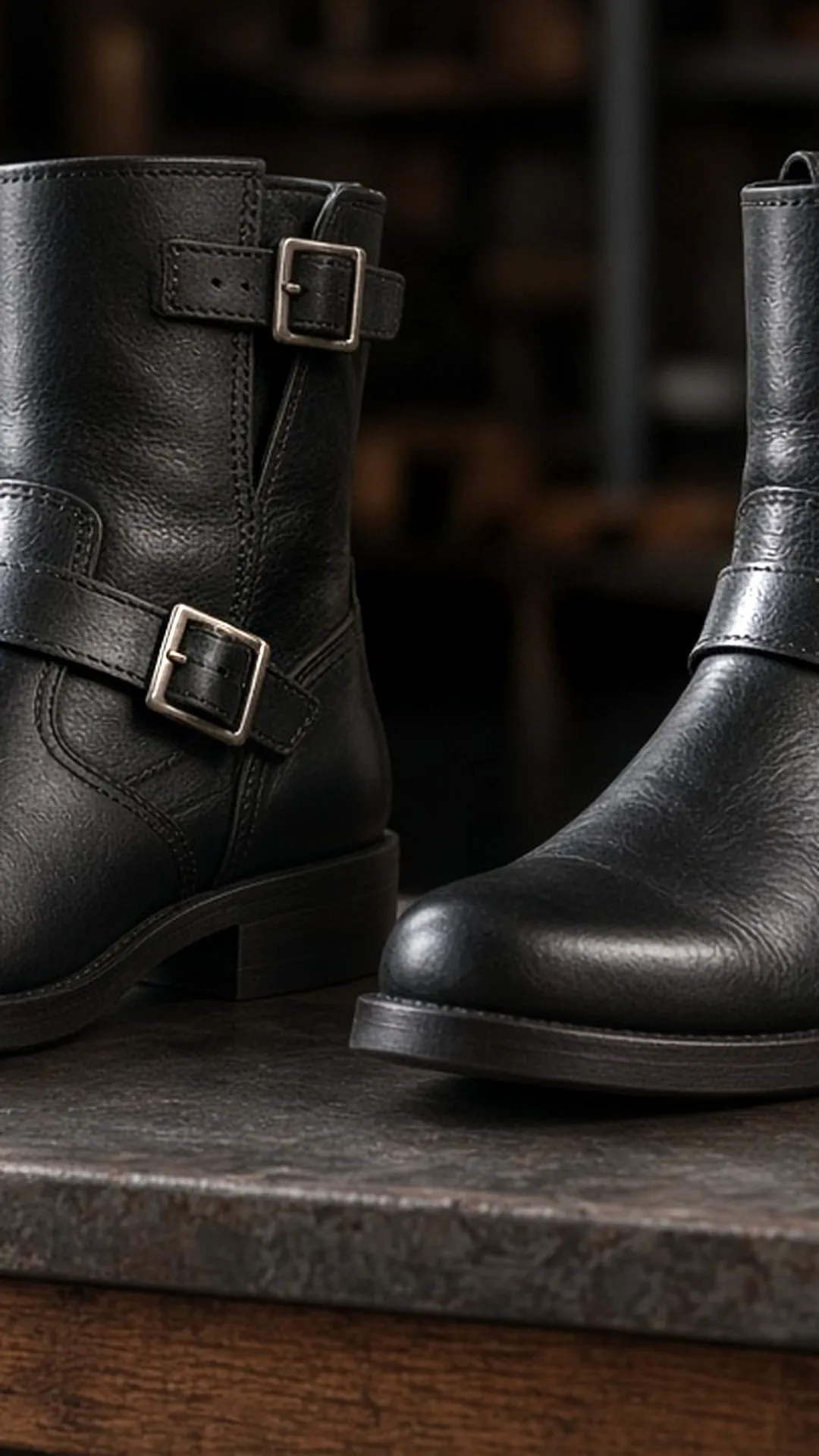 Engineer boot and harness boot on a workbench