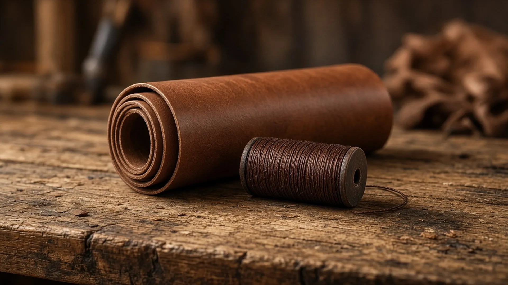 Rolled leather hide and waxed thread