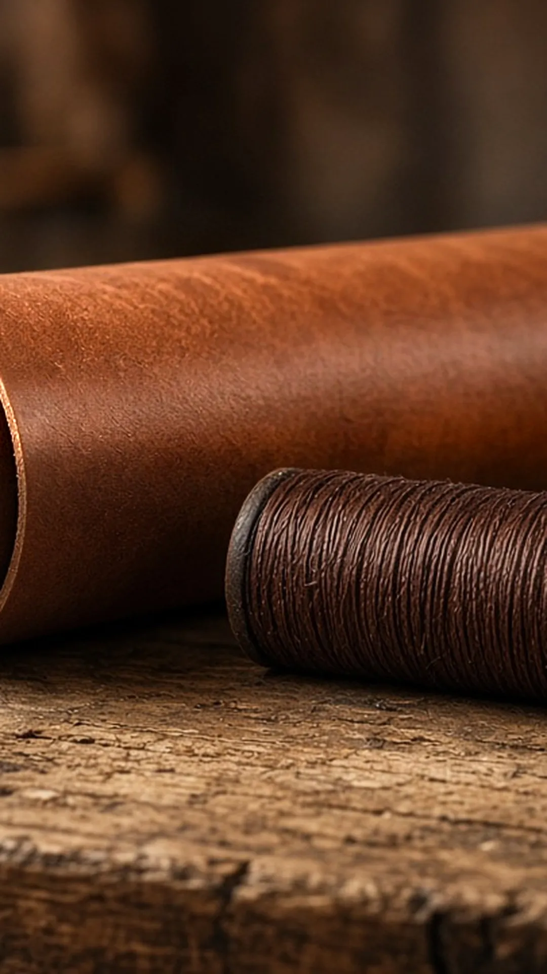 Rolled leather hide and waxed thread