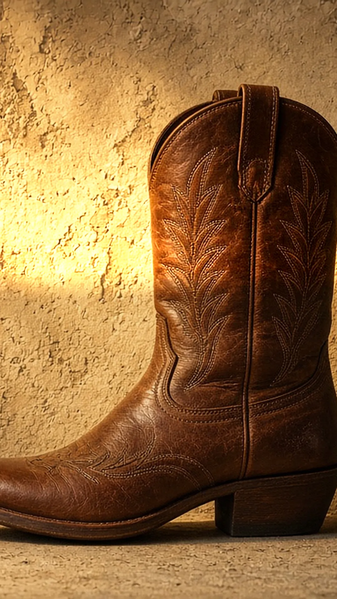 Western boot in profile against a plaster wall