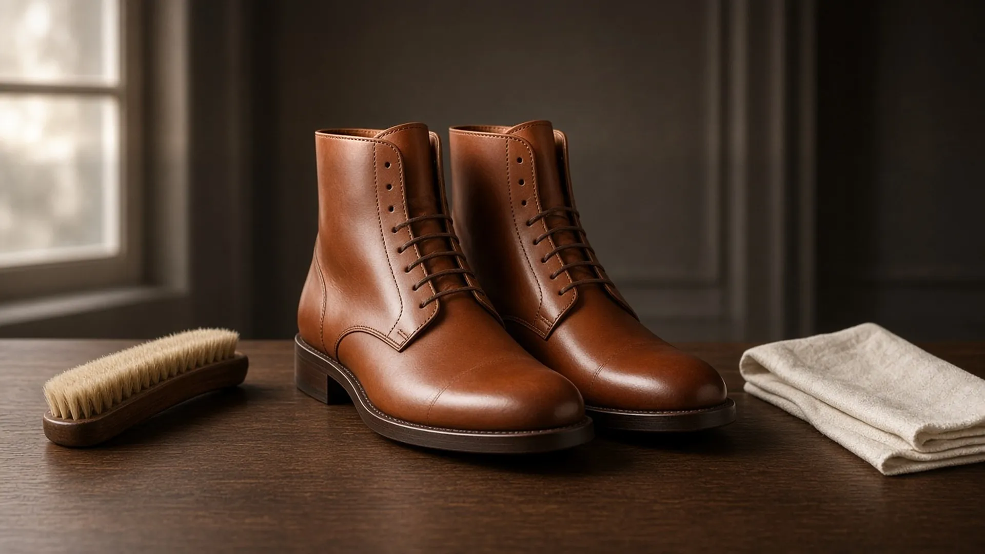Leather boots beside a brush and cloth on a walnut bench