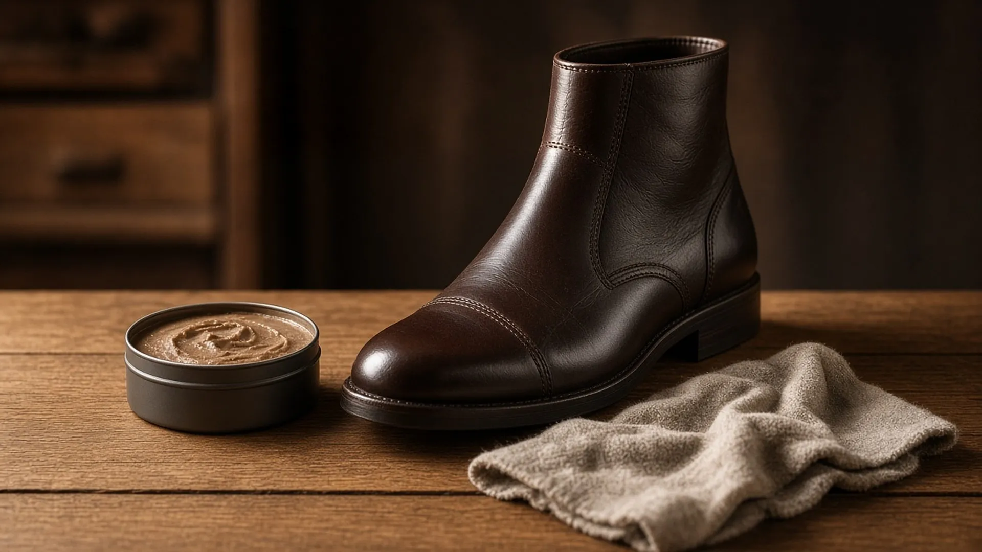 Brown leather boot with an open tin of cream and a cloth