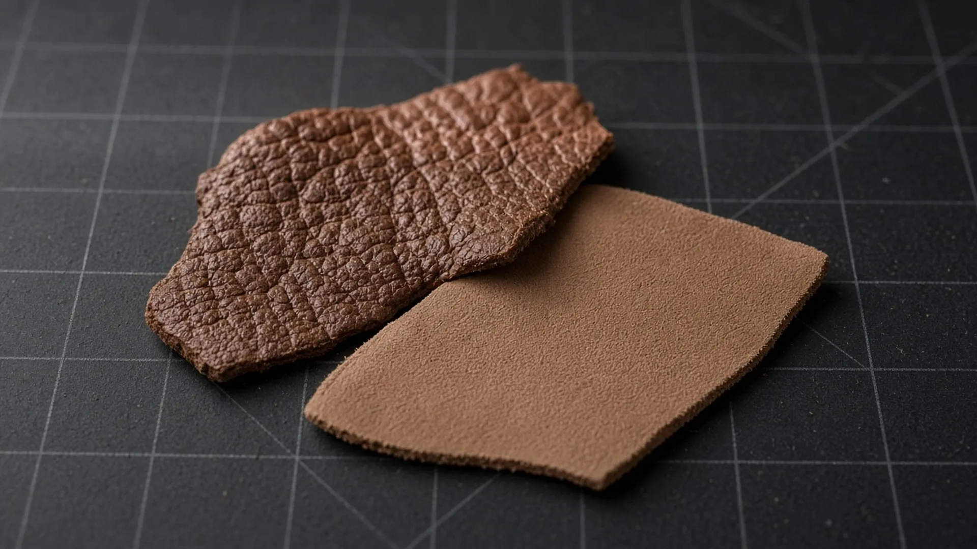 Two leather offcuts showing different surfaces
